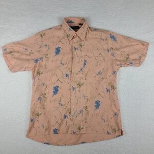 Bugatchi Uomo Dress Shirt Mens Medium Peach Orange Blue‎ Silk Hawaiian Button Up